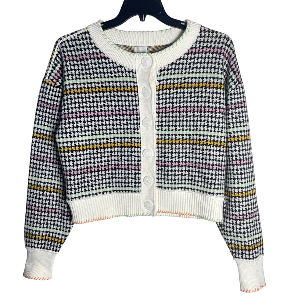 Maeve Women Multicolor Houndstooth Striped Cropped Button Front Cardigan Size M